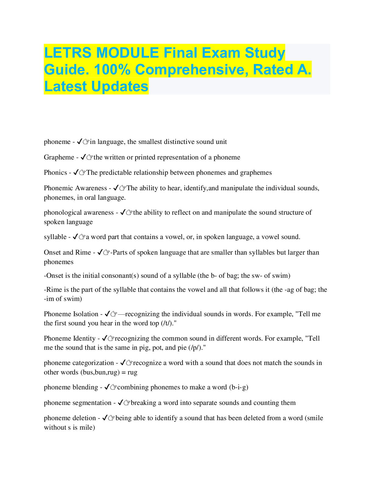 LETRS MODULE Final Exam Study Guide. 100 Comprehensive, Rated A